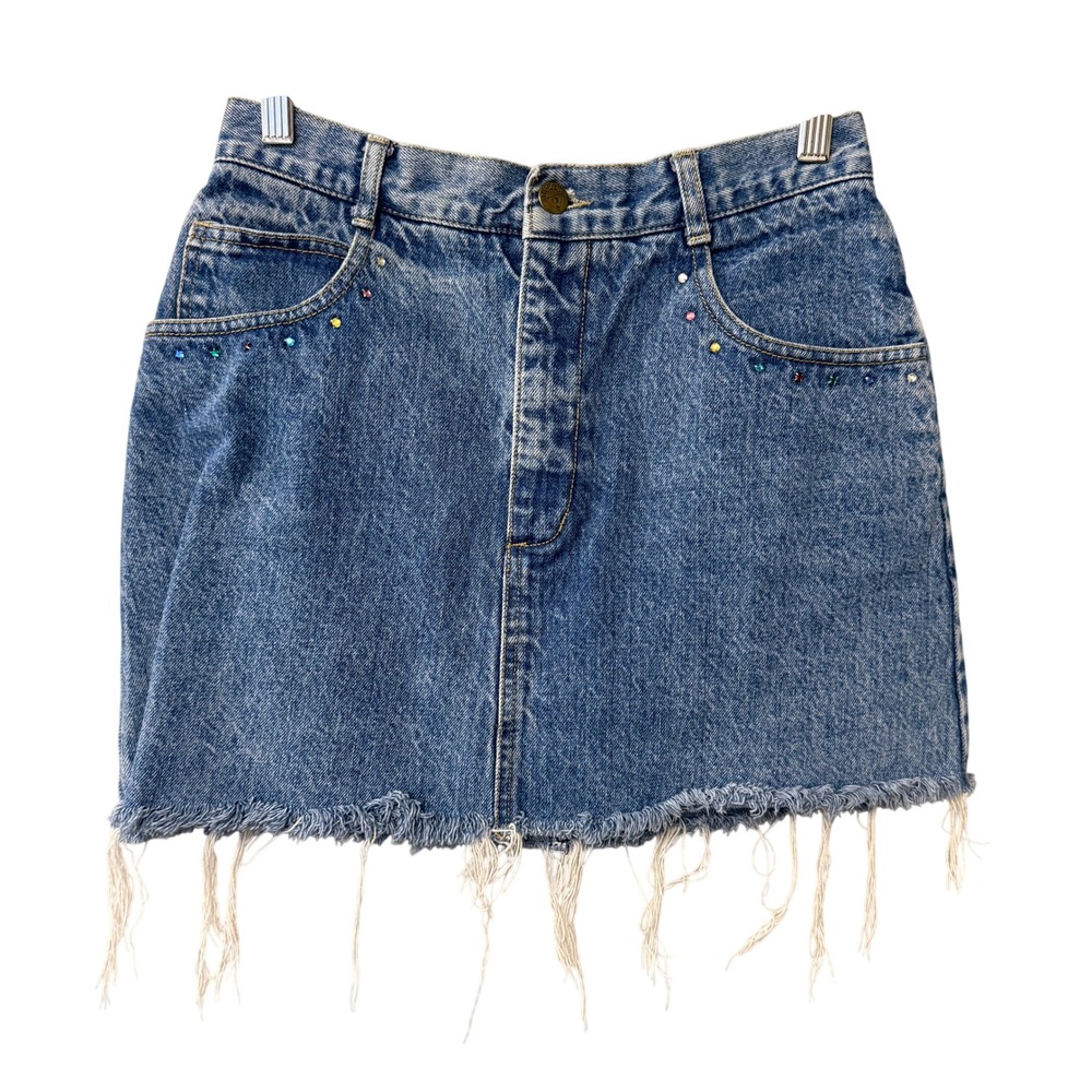 Vintage 1980s Guess Marciano Denim Mini Skirt Size 30 Sparkle Festival Frayed - Picture 2 of 9